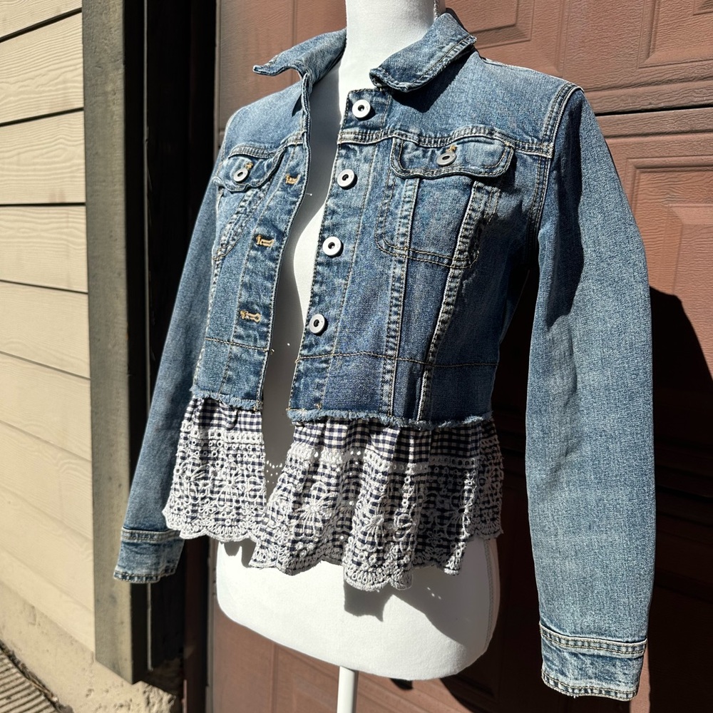 Pilcro and the Letterpress Blue Cropped Denim Jacket with Crochet Trim - Picture 3 of 5